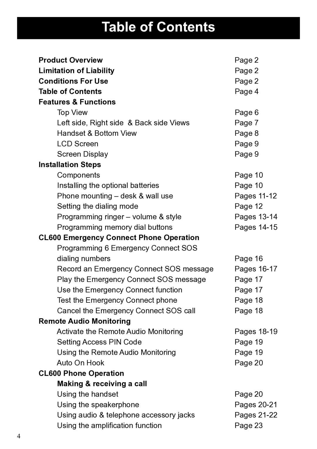 ClearSounds CL600 manual Table of Contents 