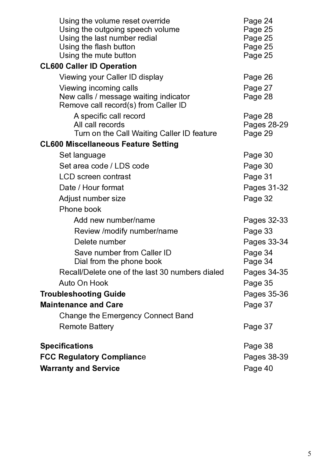 ClearSounds CL600 Caller ID Operation, CL600 Miscellaneous Feature Setting, Troubleshooting Guide, Maintenance and Care 