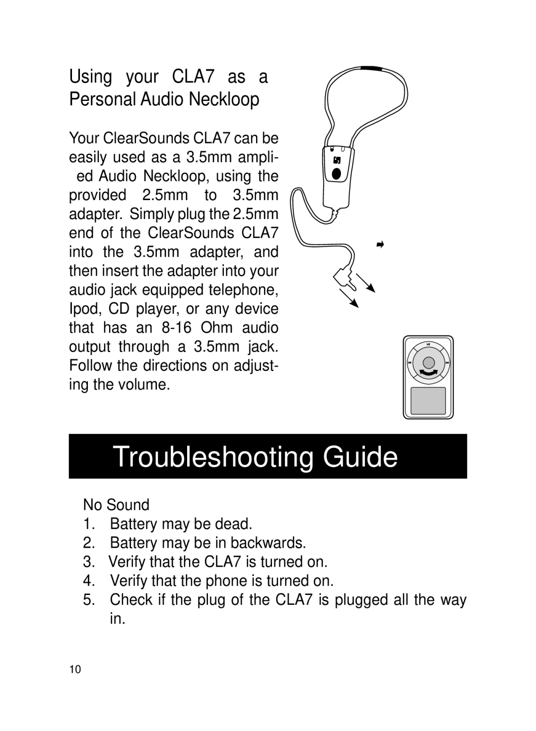 ClearSounds manual Troubleshooting Guide, Using your CLA7 as a Personal Audio Neckloop, No Sound 