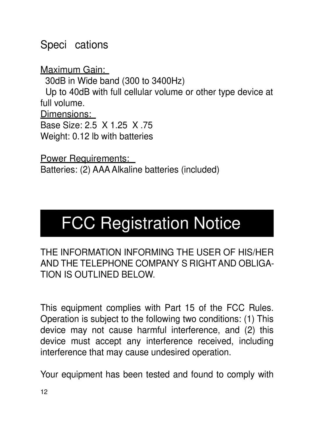 ClearSounds CLA7 manual FCC Registration Notice, Speciﬁcations 