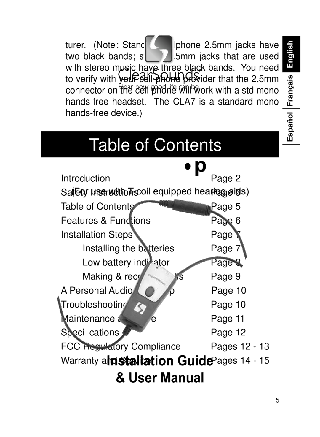 ClearSounds CLA7 manual Table of Contents 