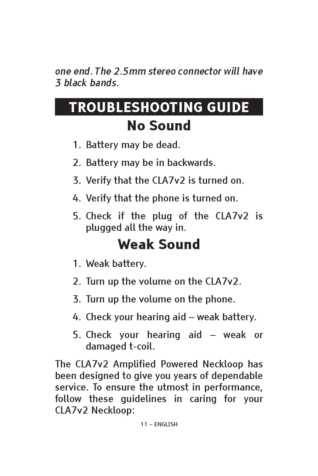 ClearSounds CLA7V2 manual No Sound, Weak Sound 