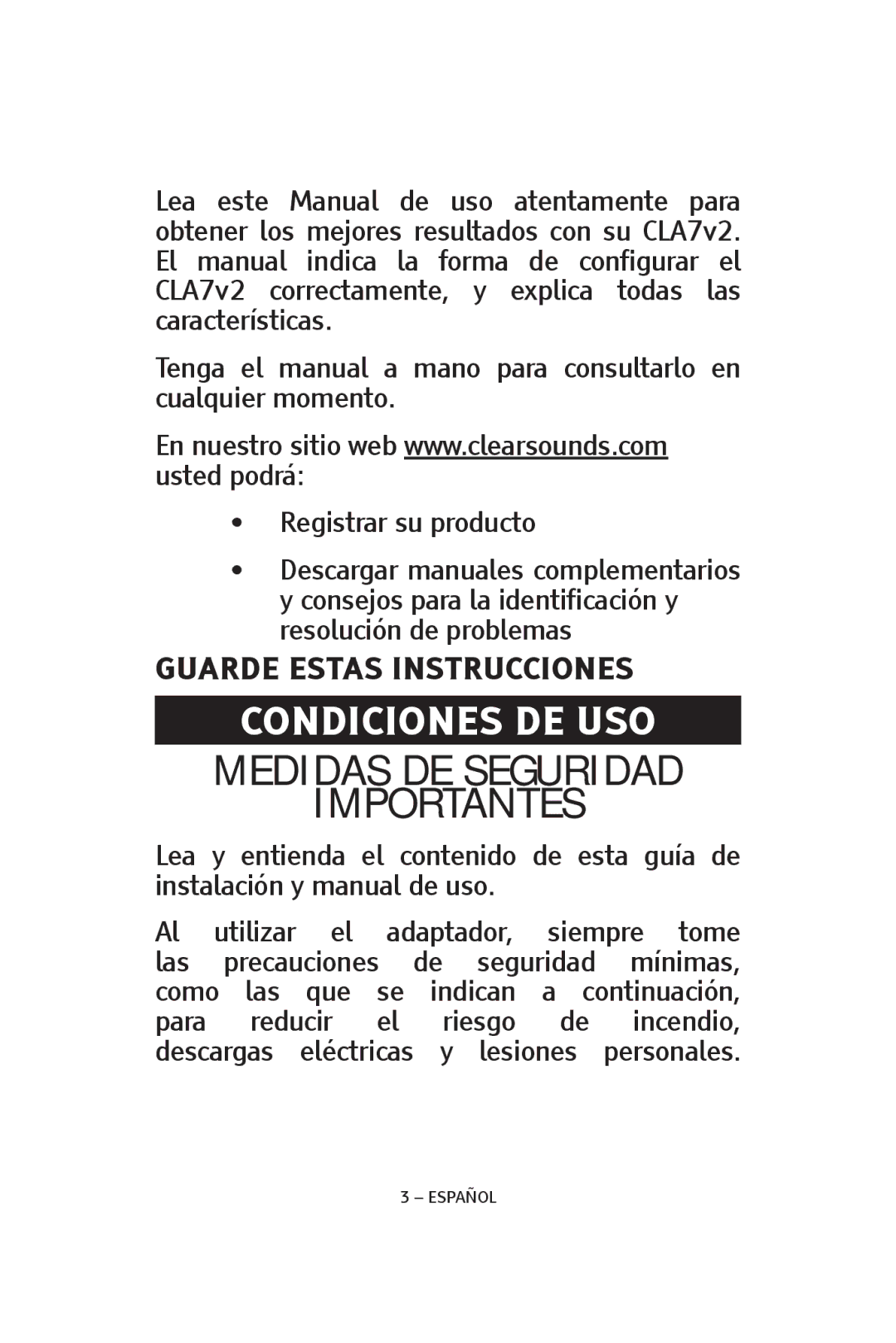 ClearSounds CLA7V2 manual Medidas DE Seguridad Importantes 