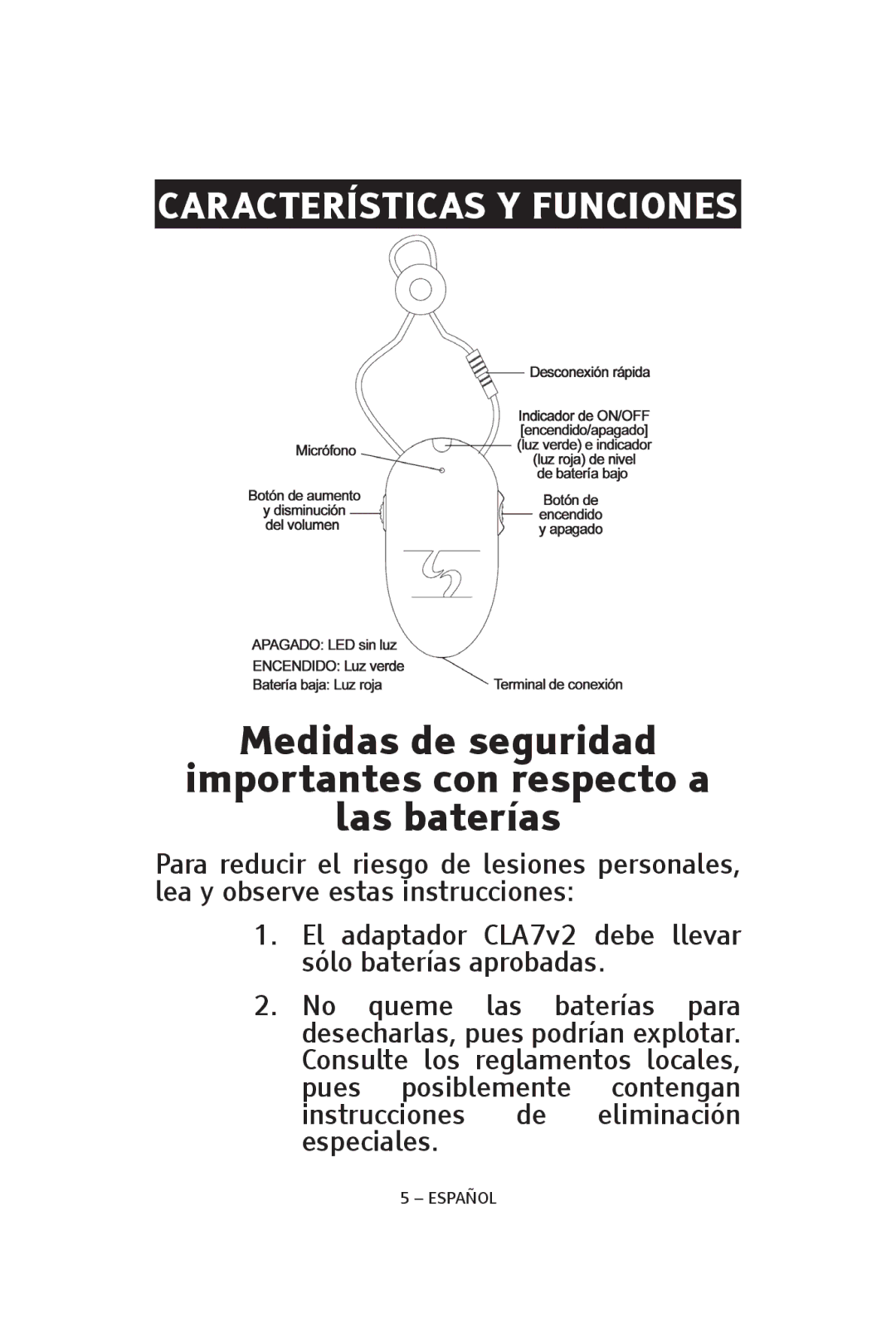 ClearSounds CLA7V2 manual Medidas de seguridad Importantes con respecto a Las baterías 