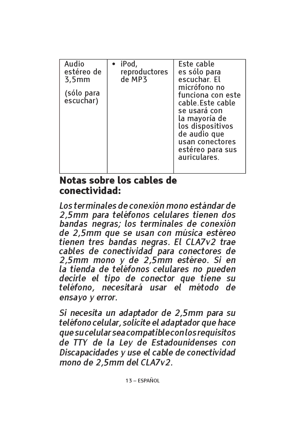 ClearSounds CLA7V2 manual Notas sobre los cables de conectividad 