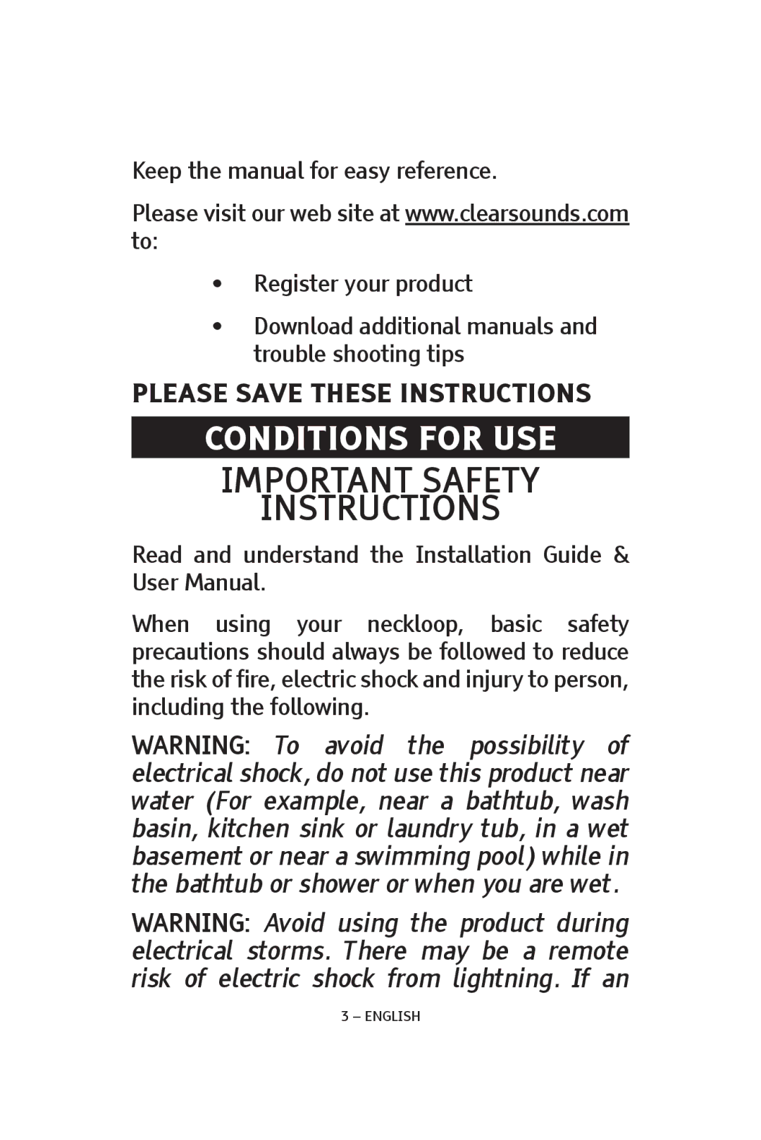 ClearSounds CLA7V2 manual Important Safety Instructions 