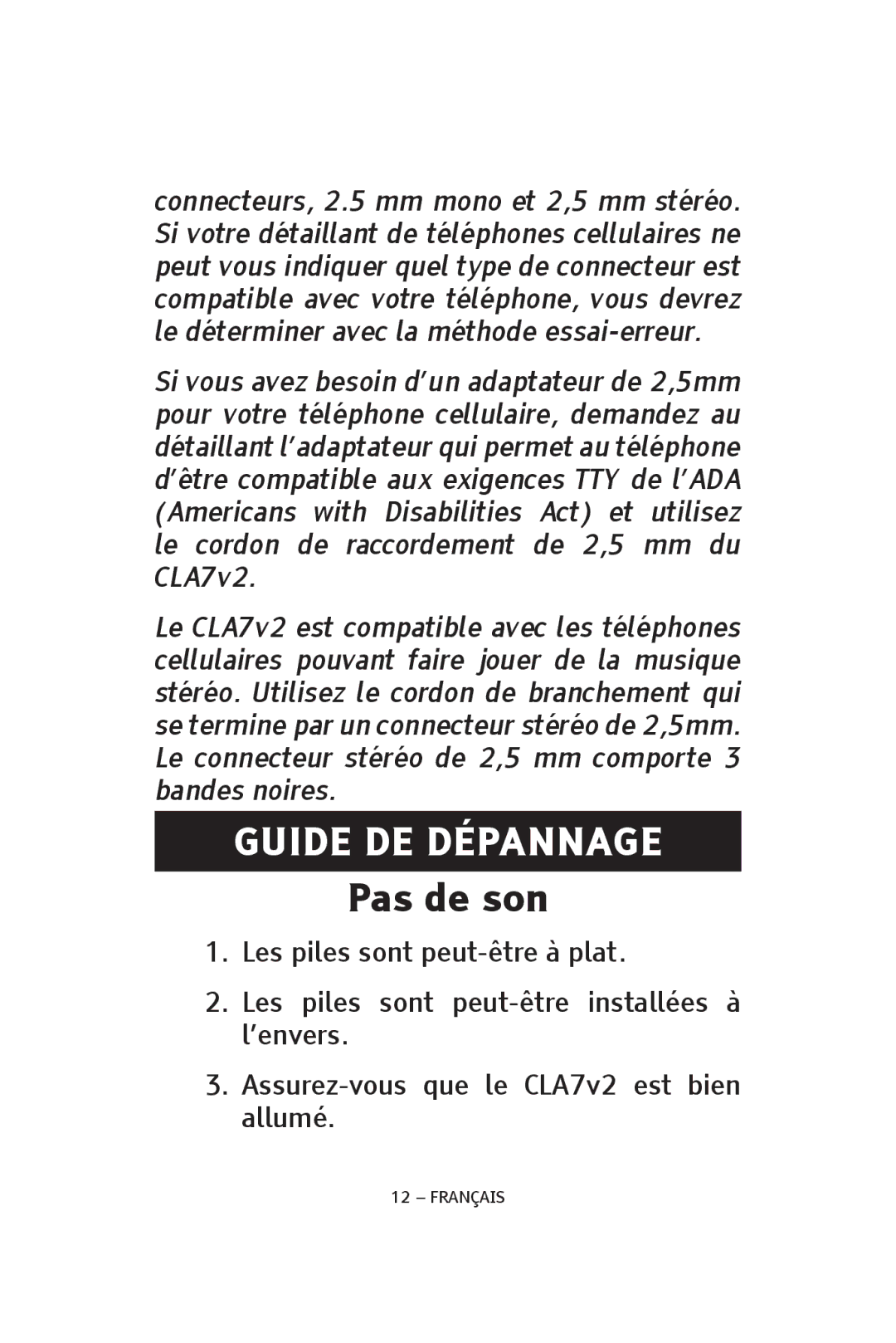 ClearSounds CLA7V2 manual Guide DE Dépannage, Pas de son 