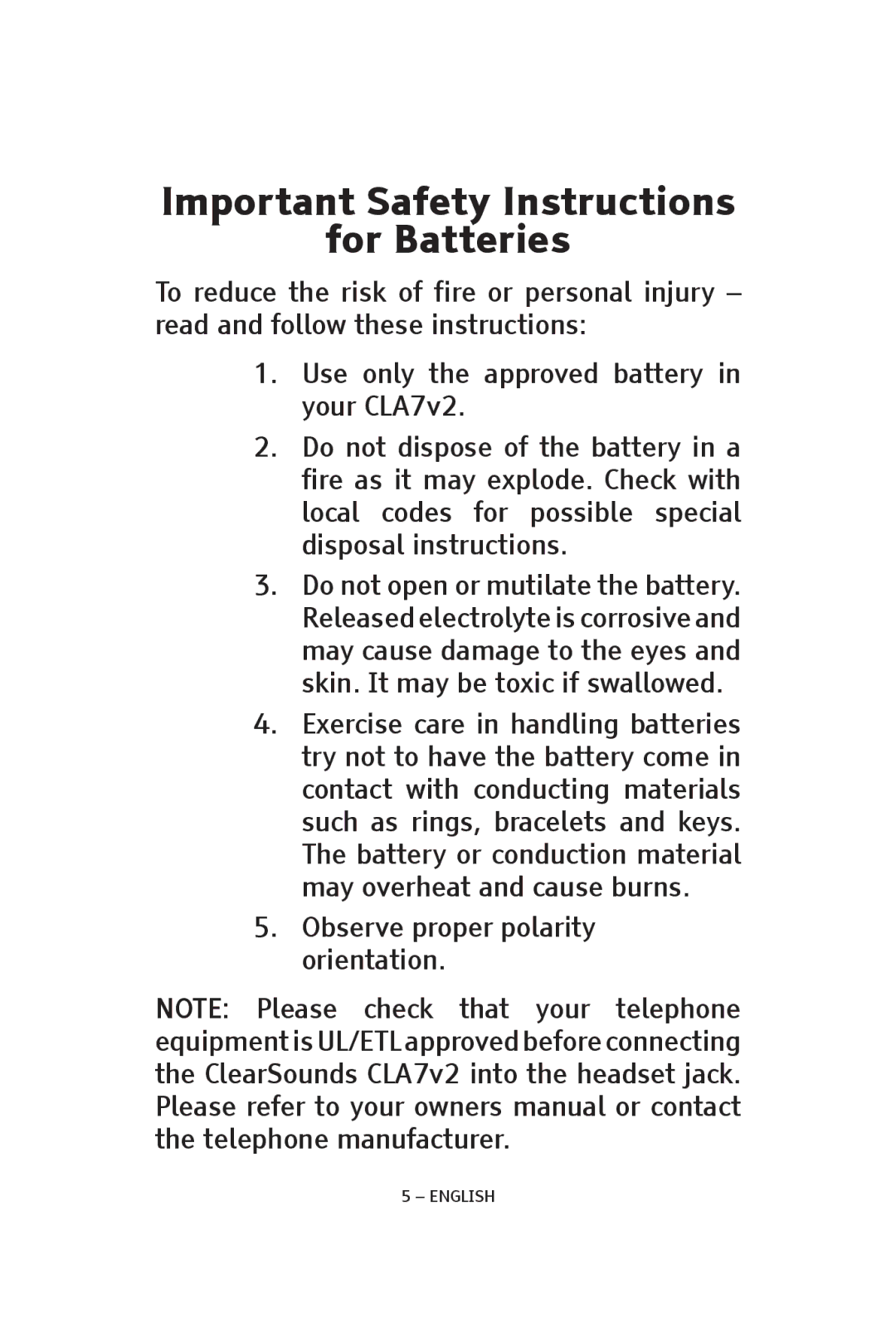 ClearSounds CLA7V2 manual Important Safety Instructions For Batteries 