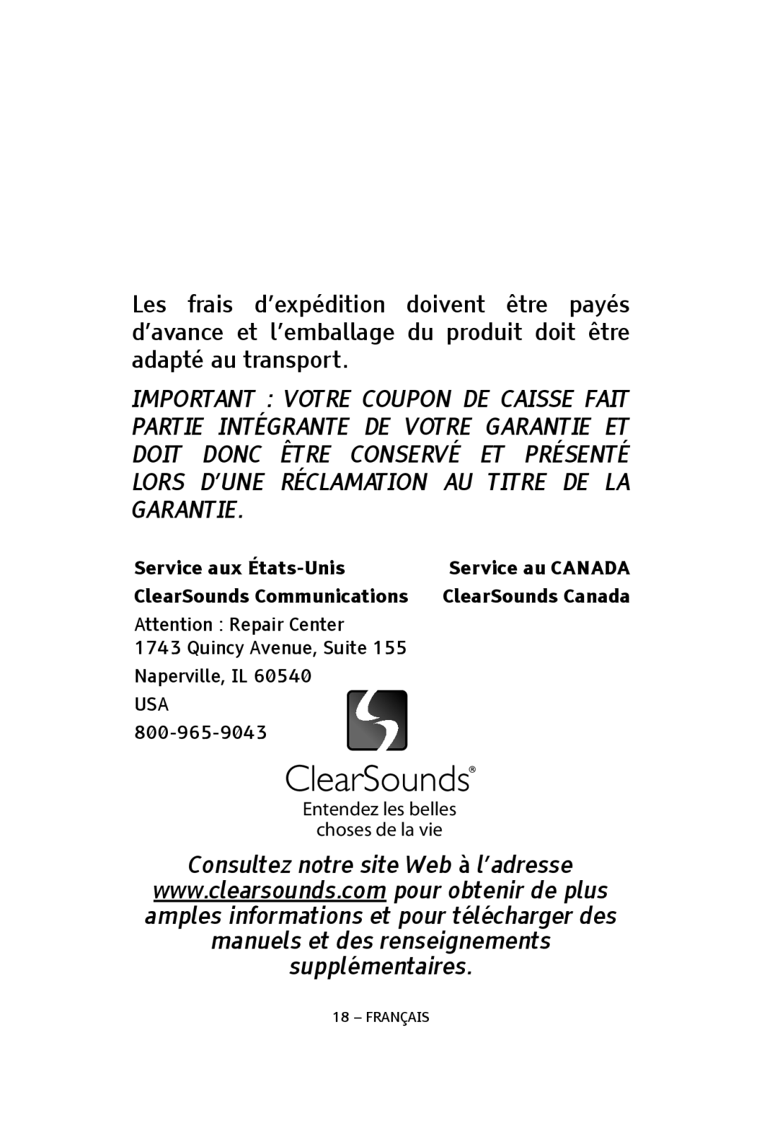 ClearSounds CLA7V2 manual Consultez notre site Web à l’adresse 