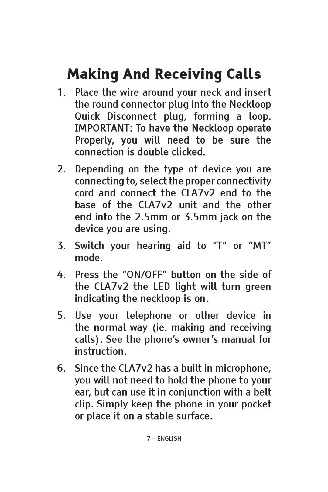 ClearSounds CLA7V2 manual Making And Receiving Calls 