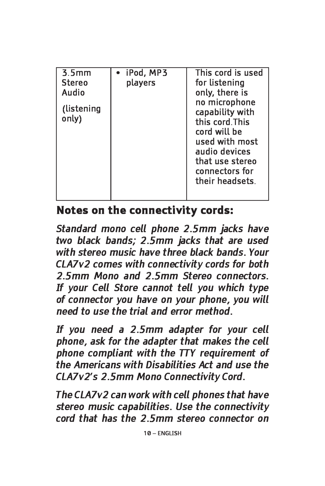 ClearSounds CLA7V2 manual Notes on the connectivity cords 