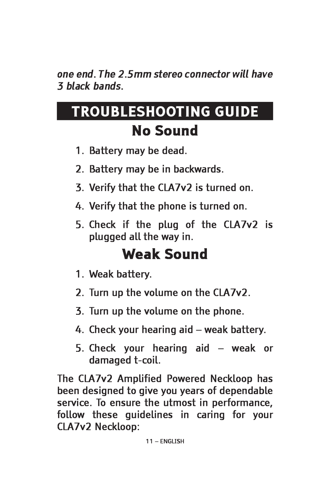 ClearSounds CLA7V2 manual Troubleshooting Guide, No Sound, Weak Sound 