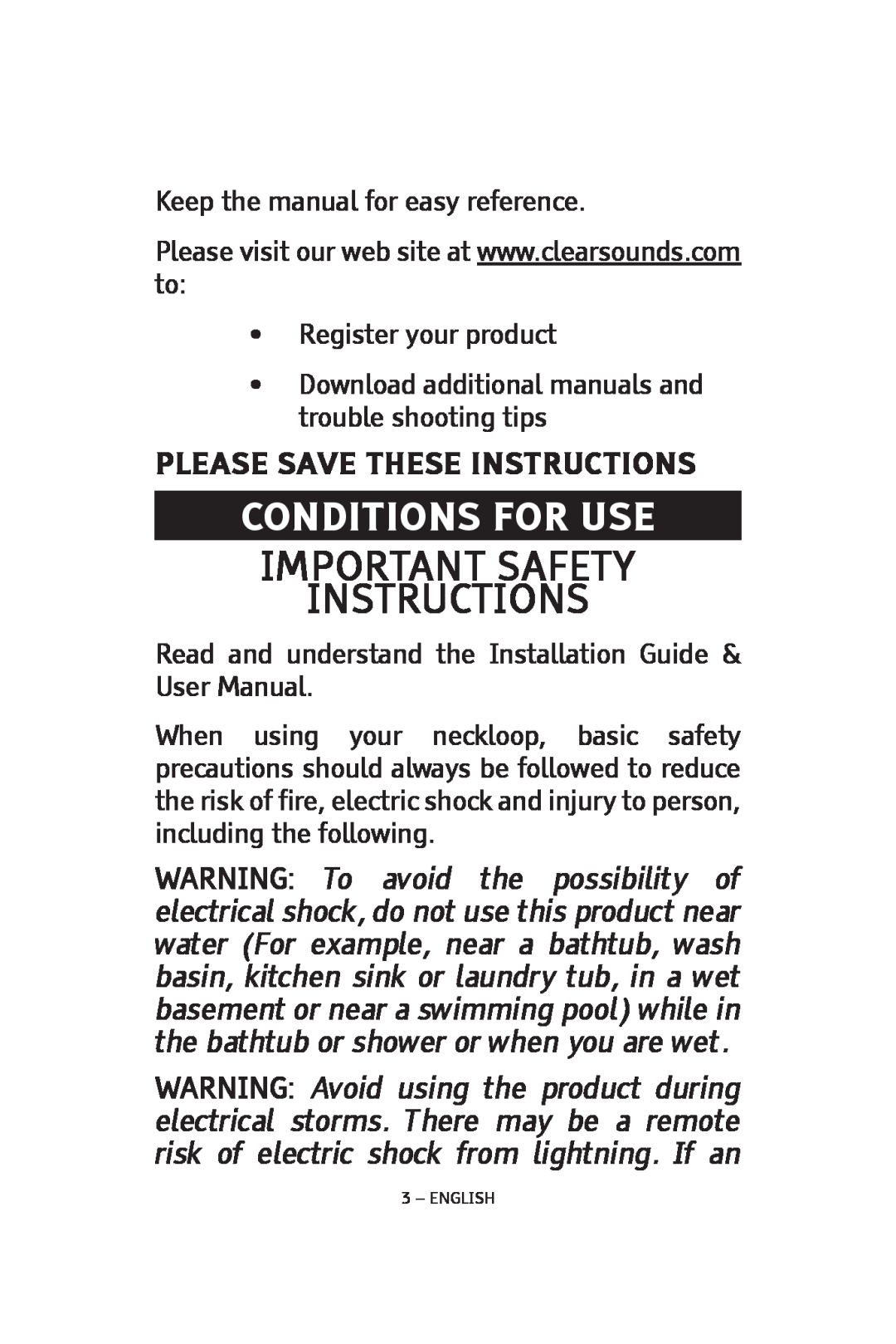 ClearSounds CLA7V2 manual Important Safety Instructions, Conditions for Use 