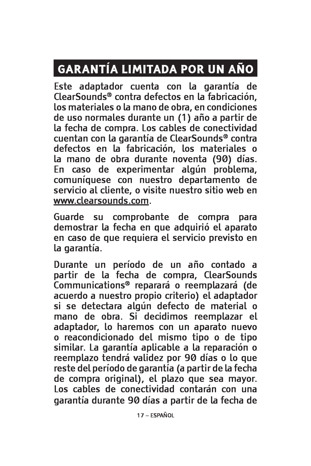 ClearSounds CLA7V2 manual Garantía Limitada Por Un Año, Español 
