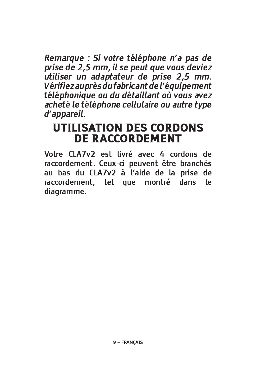 ClearSounds CLA7V2 manual Utilisation Des Cordons De Raccordement, Français 