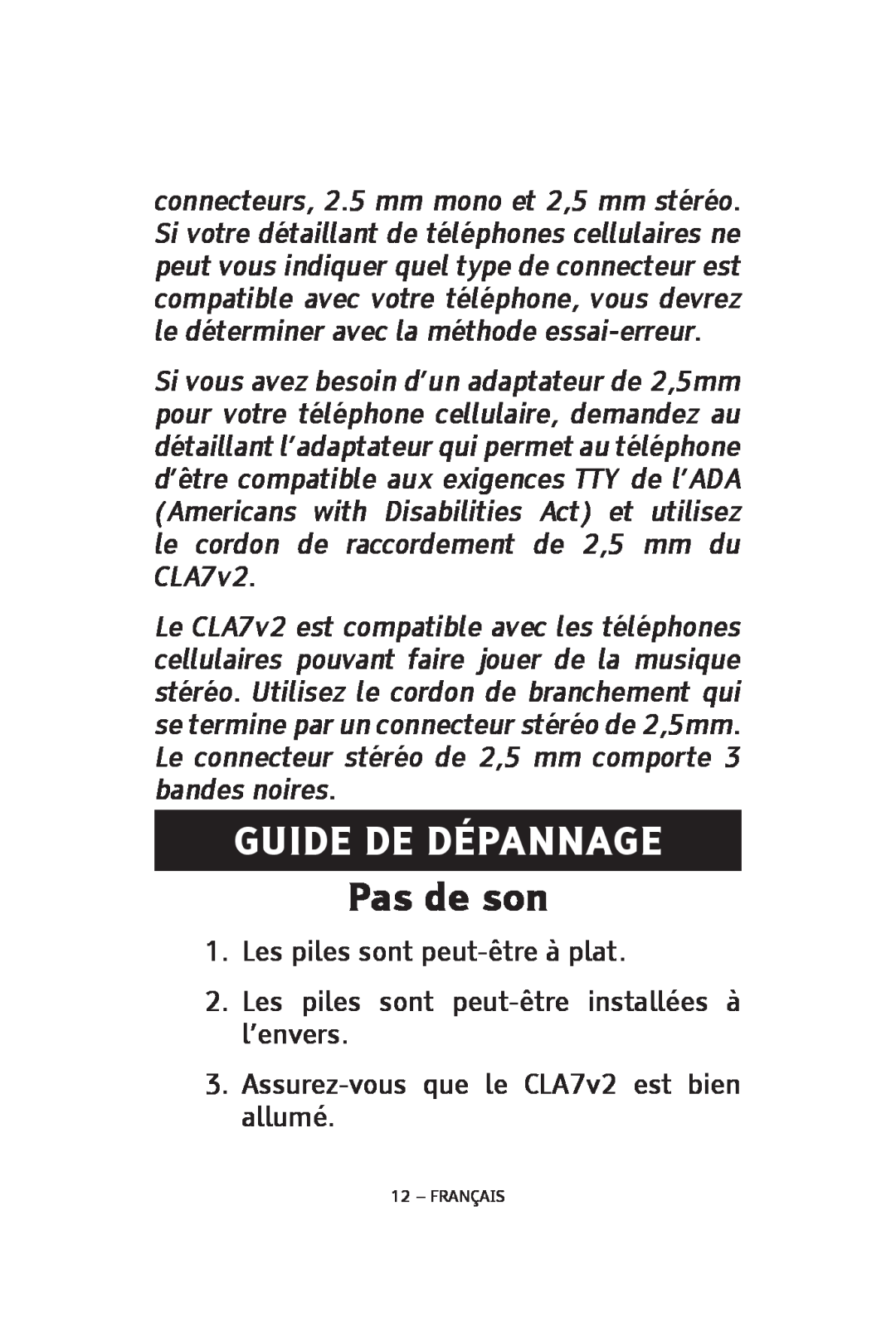 ClearSounds CLA7V2 manual Guide De Dépannage, Pas de son 