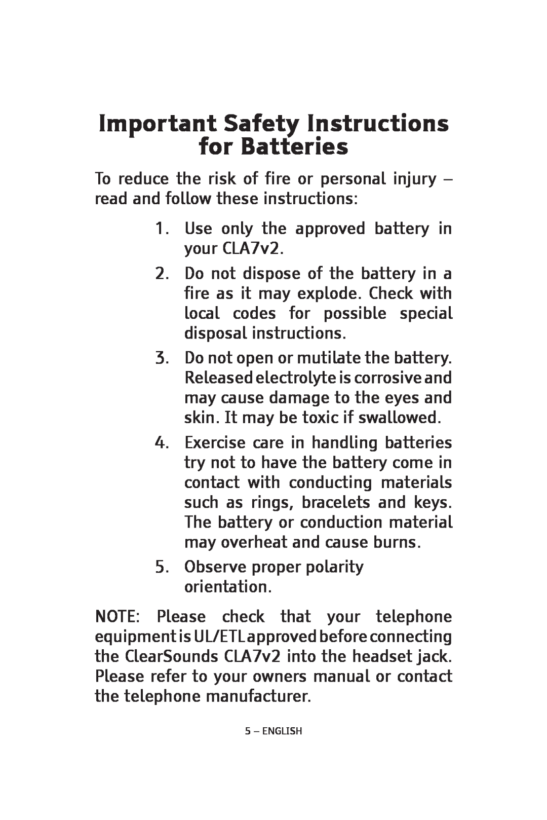 ClearSounds CLA7V2 manual Important Safety Instructions for Batteries 