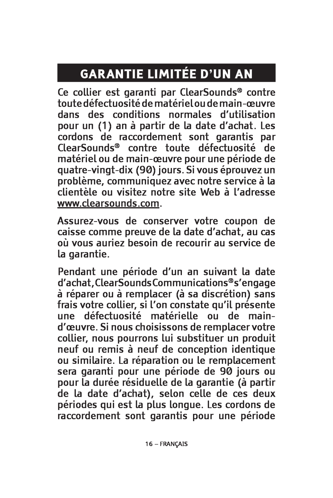 ClearSounds CLA7V2 manual Garantie Limitée D’Un An, Français 