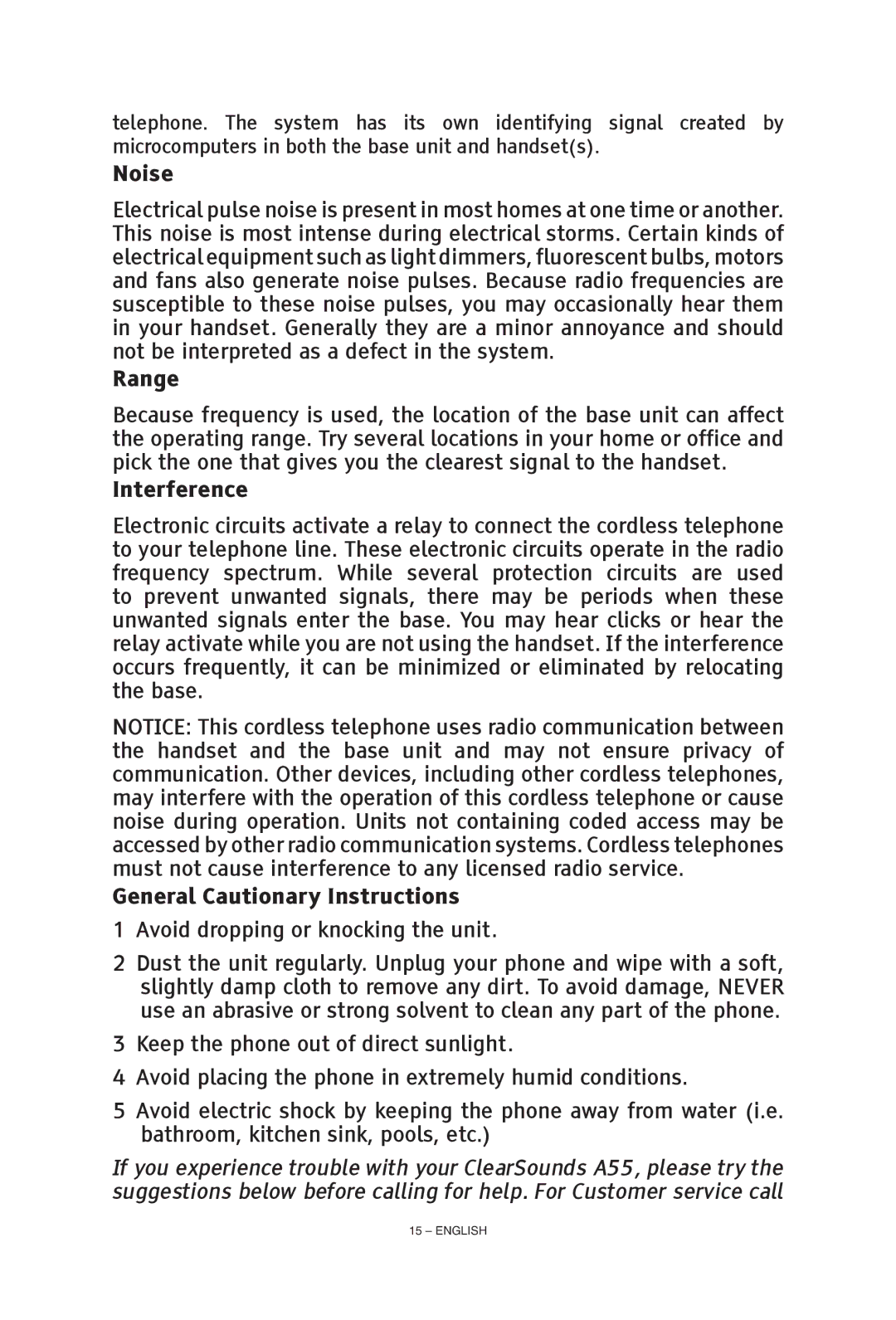 ClearSounds CS-A55 manual Noise, Range, Interference, General Cautionary Instructions 