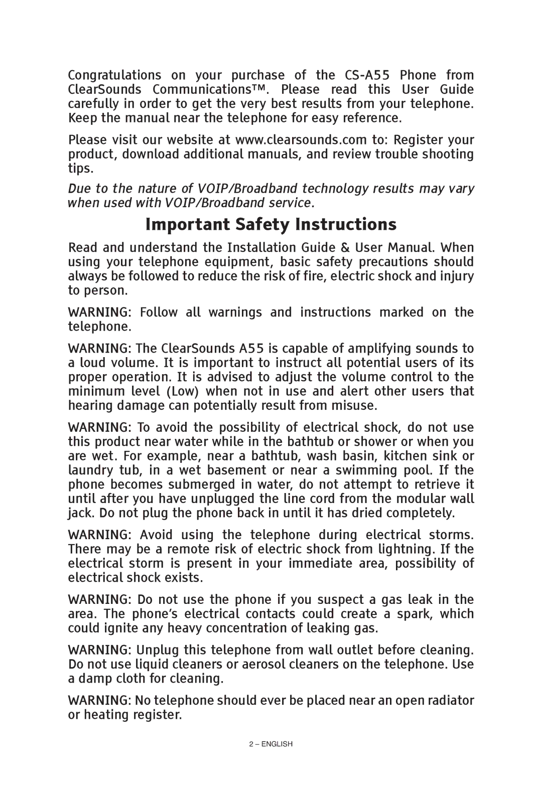 ClearSounds CS-A55 manual Important Safety Instructions 