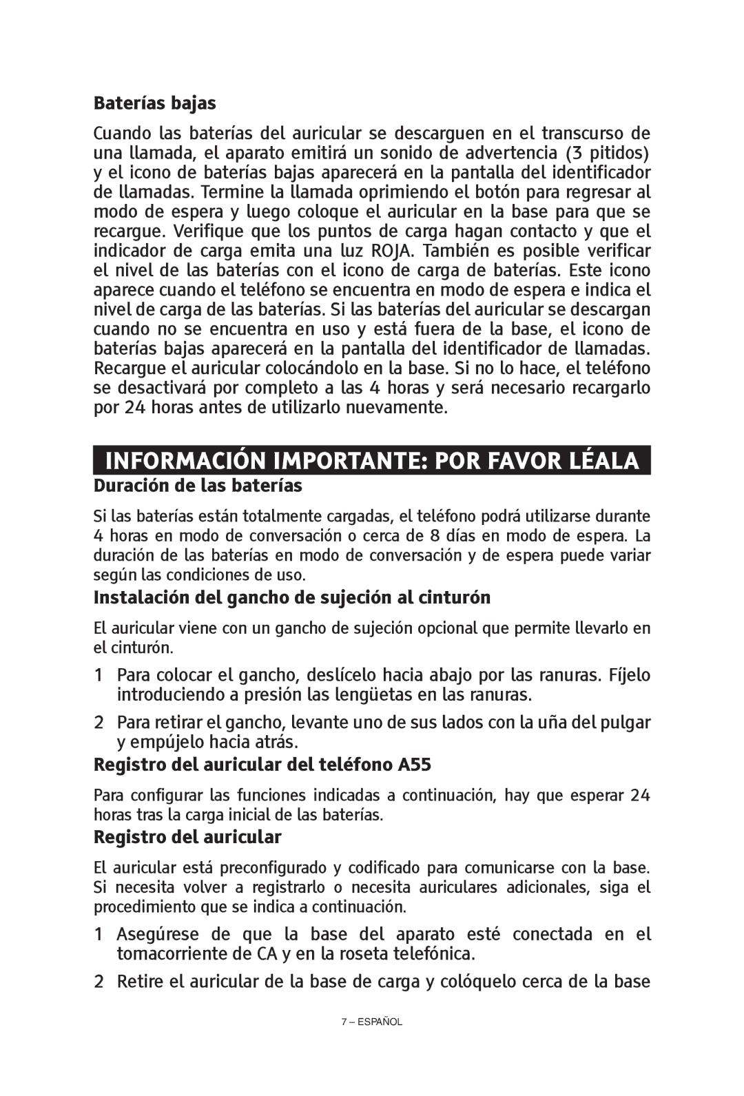 ClearSounds CS-A55 manual Información importante por favor léala 