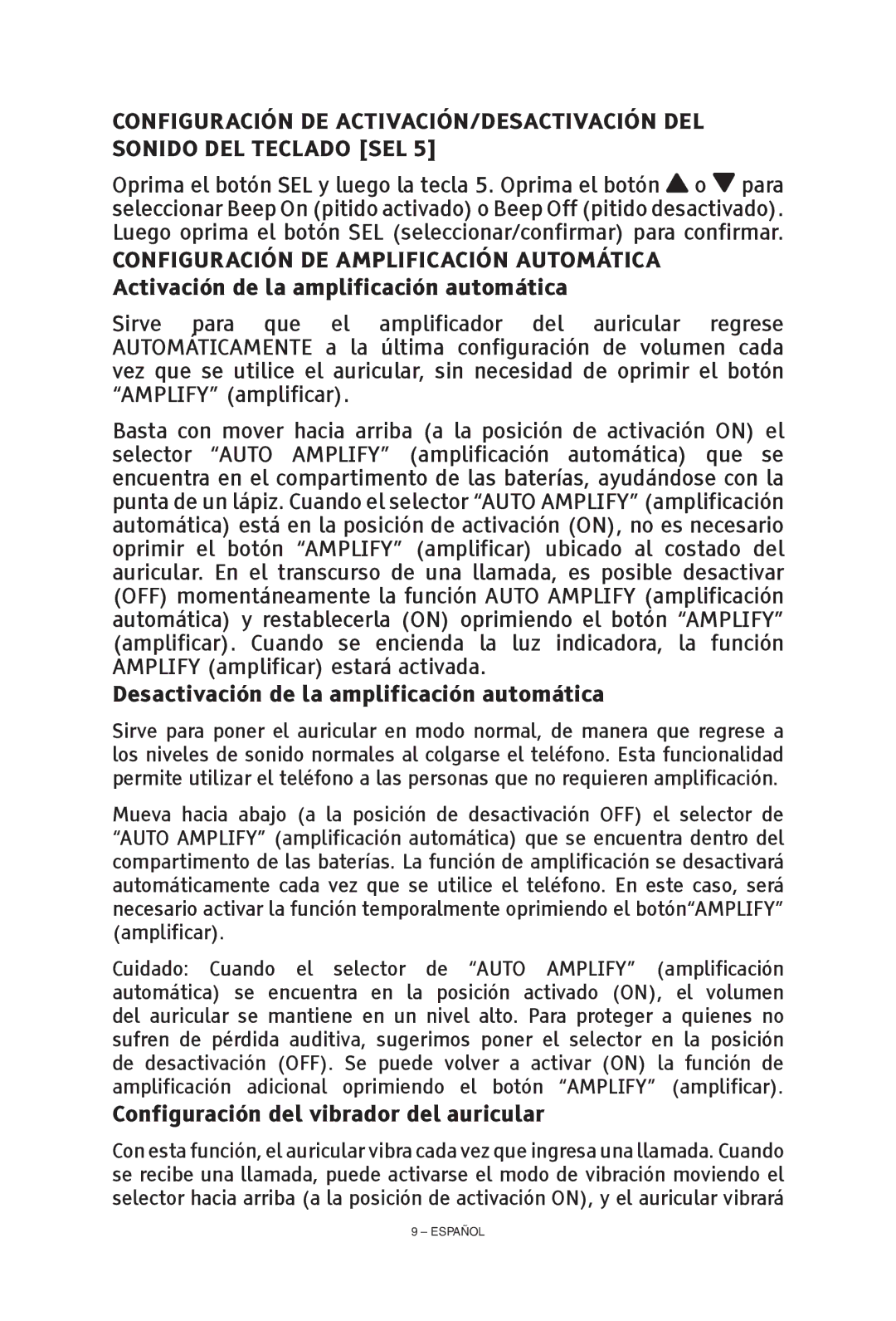 ClearSounds CS-A55 manual Desactivación de la amplificación automática, Configuración del vibrador del auricular 