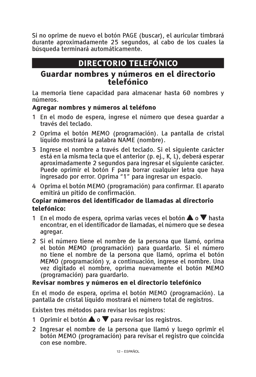 ClearSounds CS-A55 manual Directorio Telefónico, Guardar nombres y números en el directorio Telefónico 