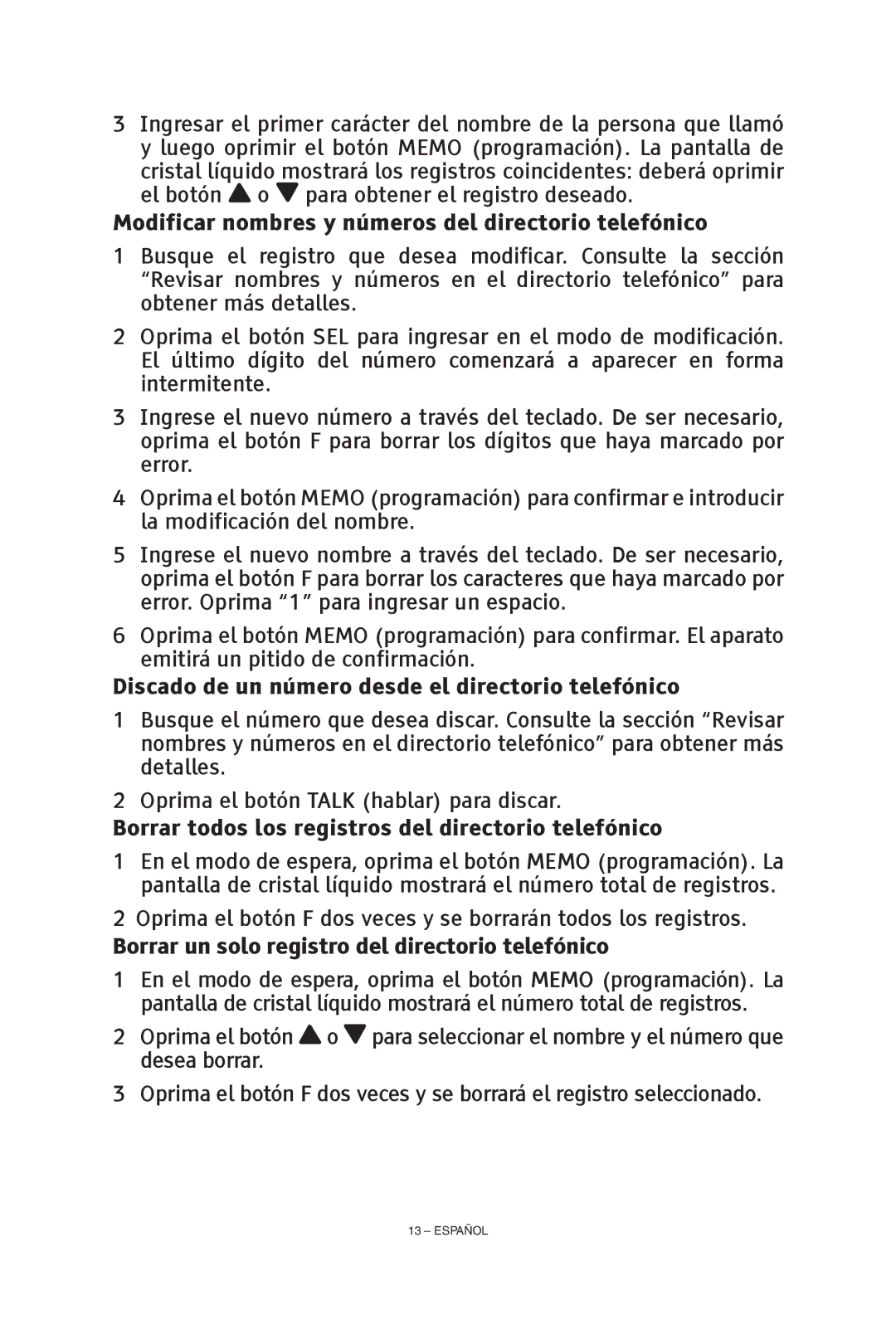 ClearSounds CS-A55 manual Modificar nombres y números del directorio telefónico 