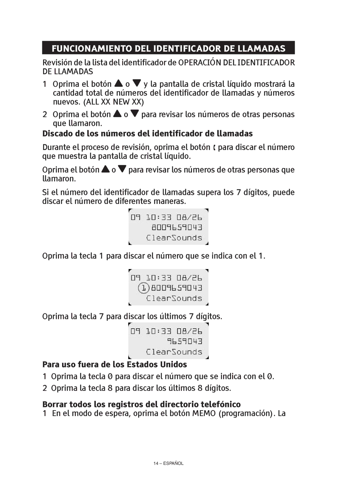 ClearSounds CS-A55 manual Discado de los números del identificador de llamadas, Para uso fuera de los Estados Unidos 