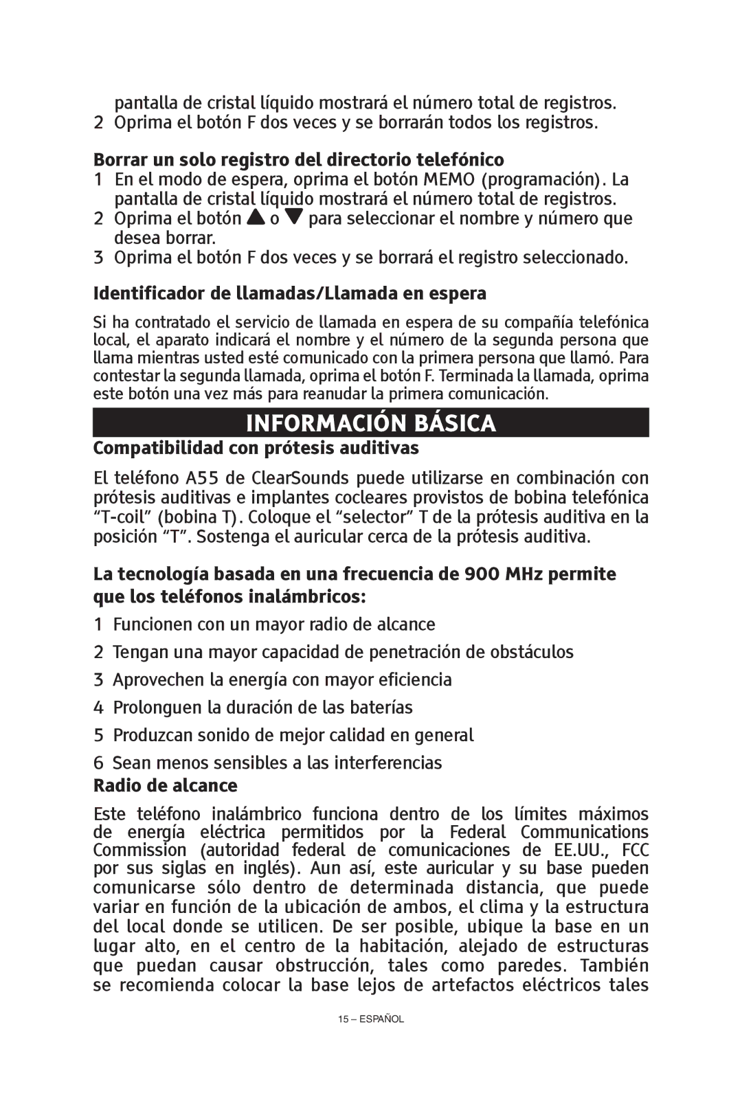 ClearSounds CS-A55 Información básica, Identificador de llamadas/Llamada en espera, Compatibilidad con prótesis auditivas 