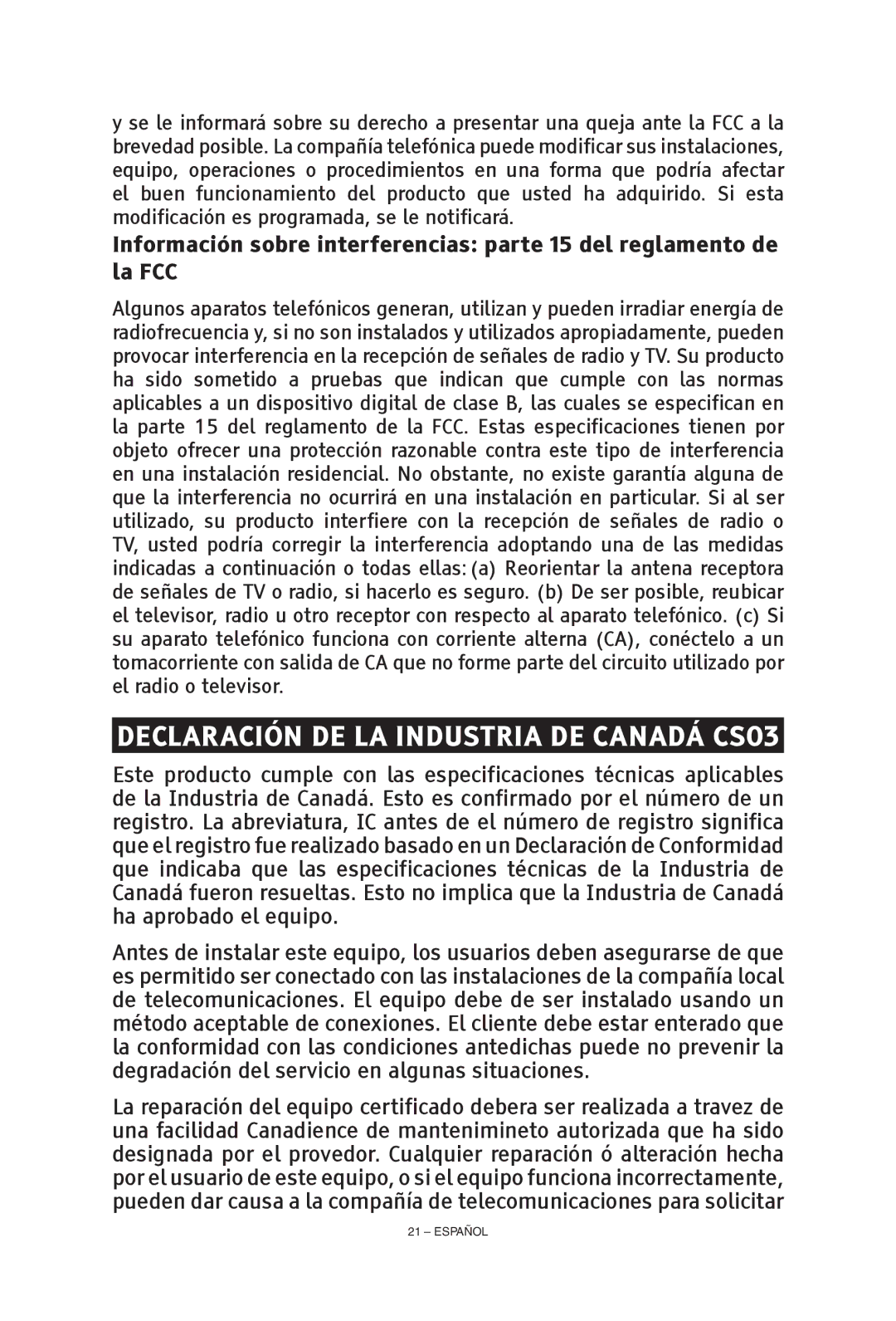 ClearSounds CS-A55 manual Declaración de la Industria de Canadá CS03 