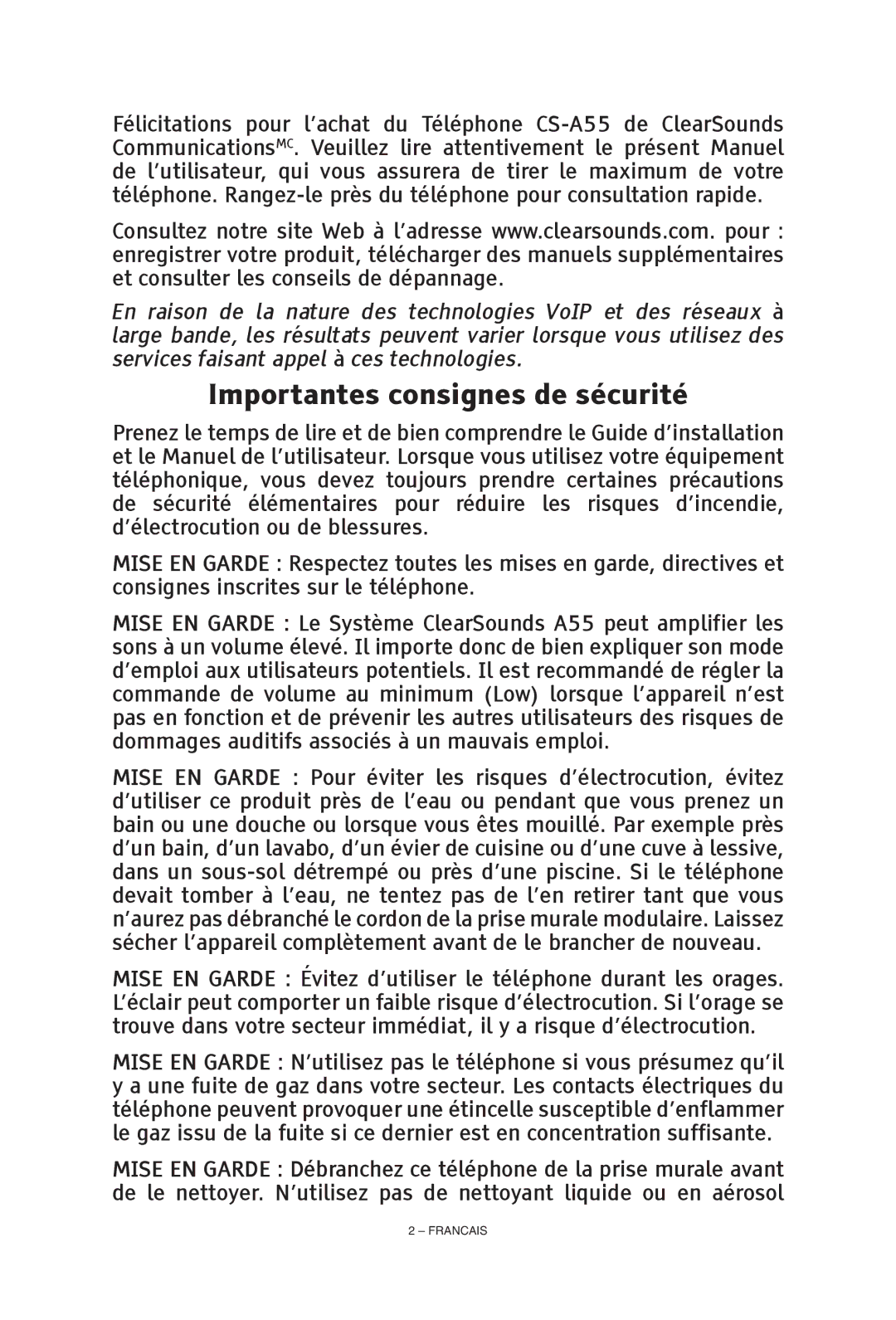 ClearSounds CS-A55 manual Importantes consignes de sécurité 