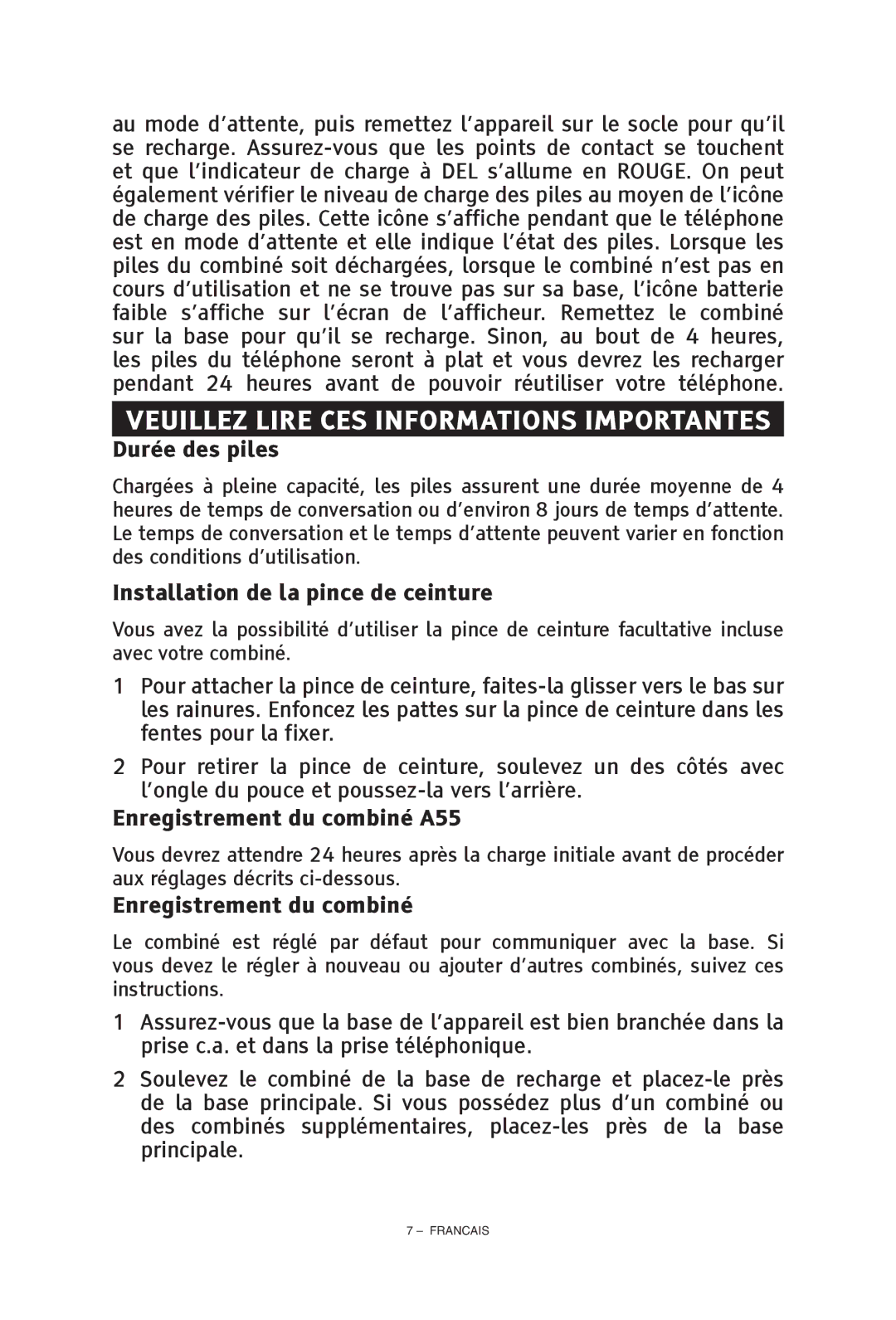 ClearSounds CS-A55 manual Durée des piles, Installation de la pince de ceinture, Enregistrement du combiné A55 