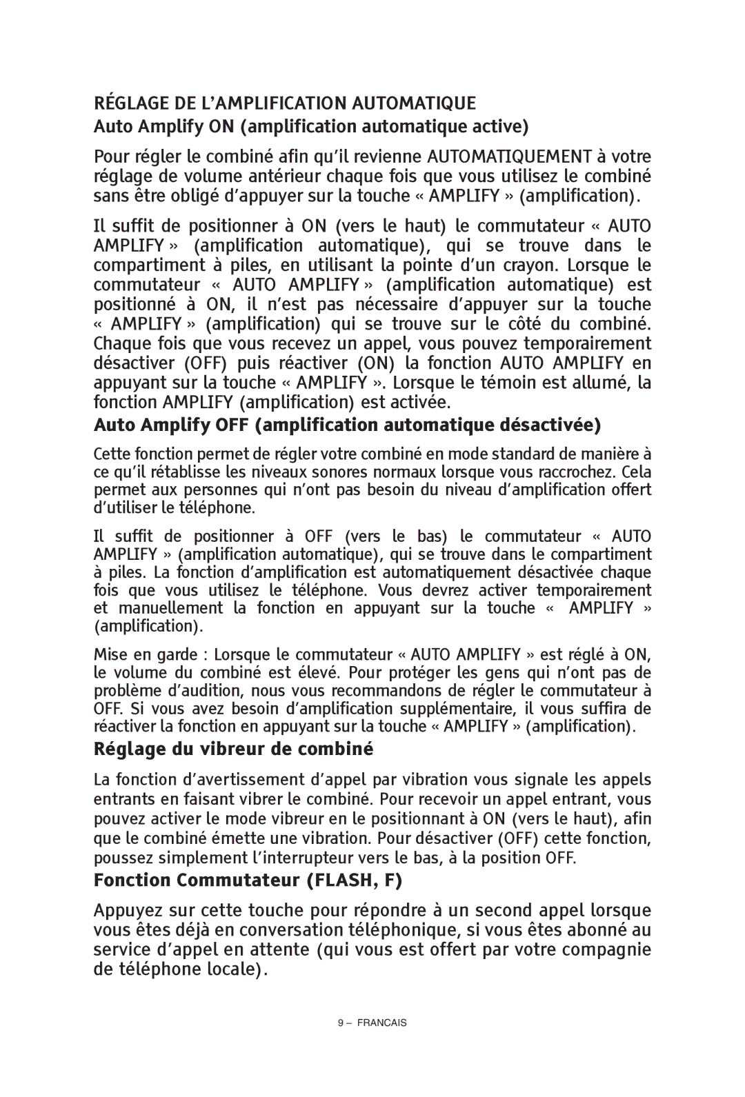 ClearSounds CS-A55 manual Auto Amplify OFF amplification automatique désactivée, Réglage du vibreur de combiné 