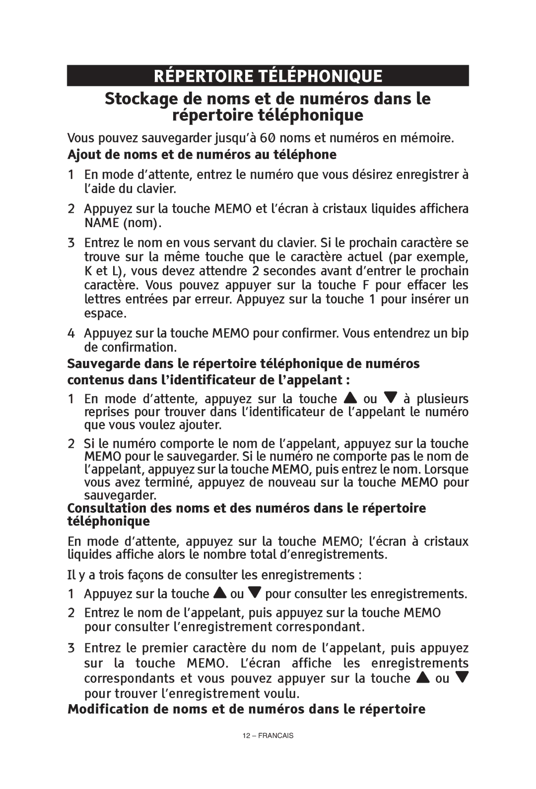 ClearSounds CS-A55 manual Répertoire Téléphonique, Ajout de noms et de numéros au téléphone 