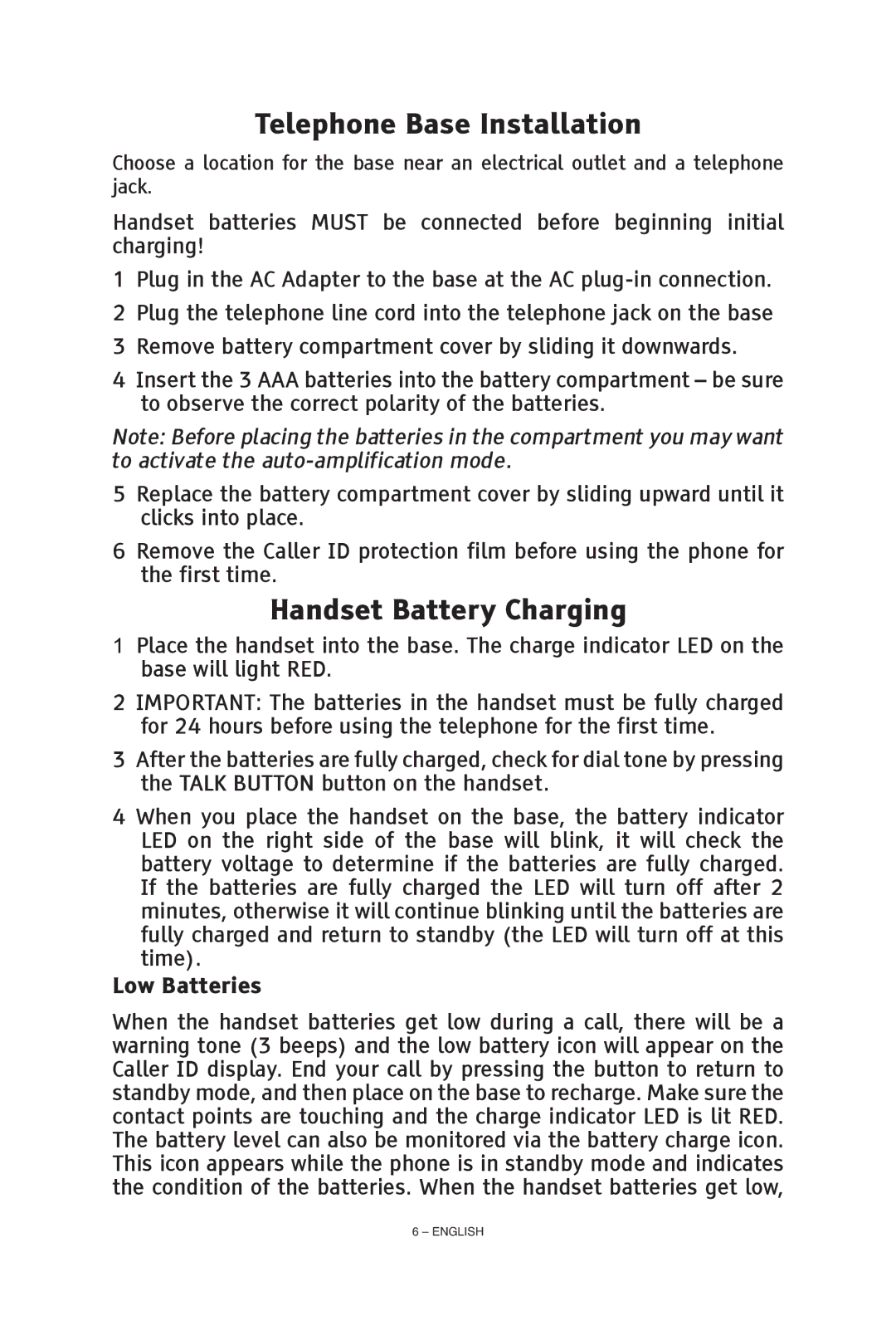 ClearSounds CS-A55 manual Telephone Base Installation, Handset Battery Charging, Low Batteries 