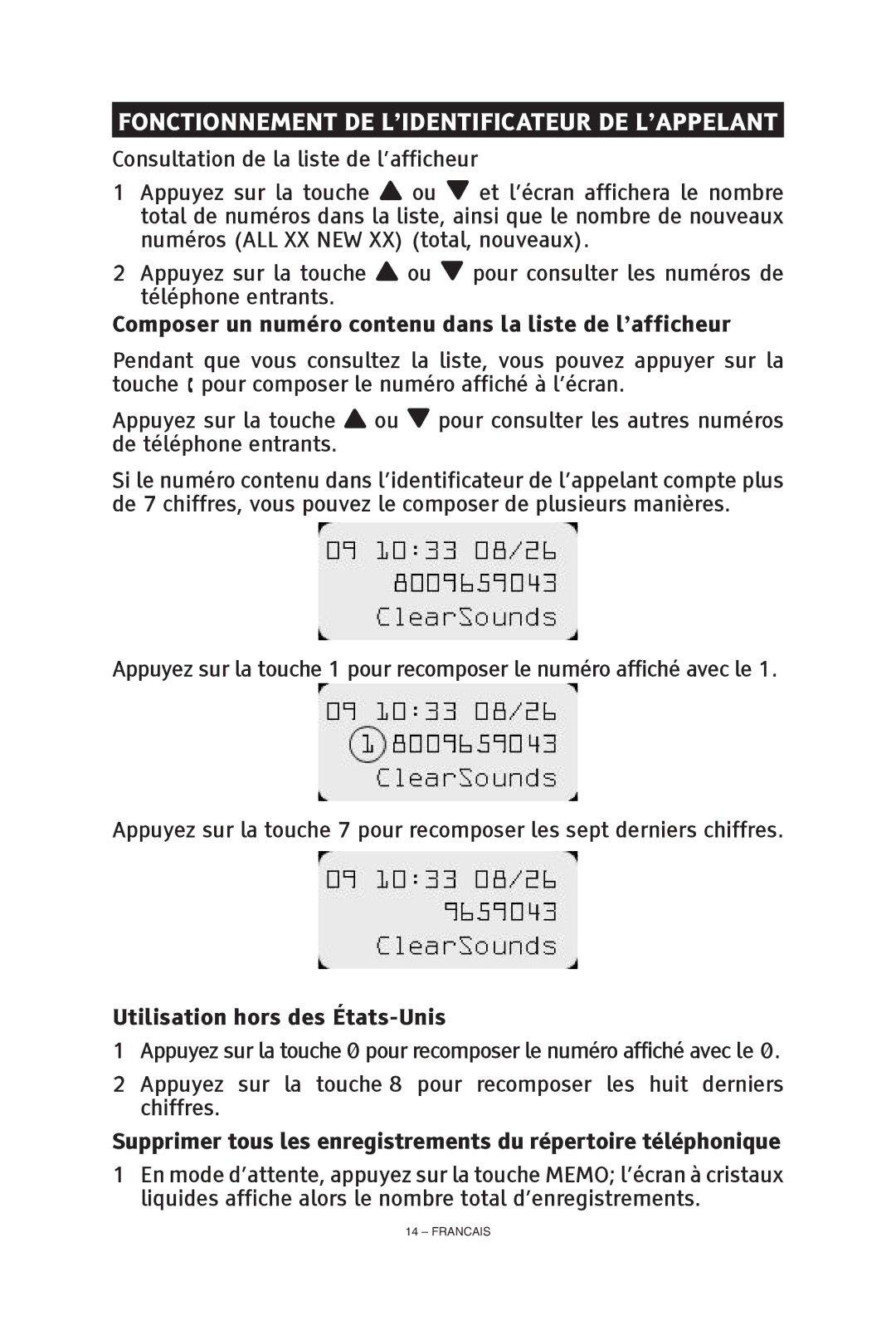 ClearSounds CS-A55 manual Composer un numéro contenu dans la liste de l’afficheur, Utilisation hors des États-Unis 