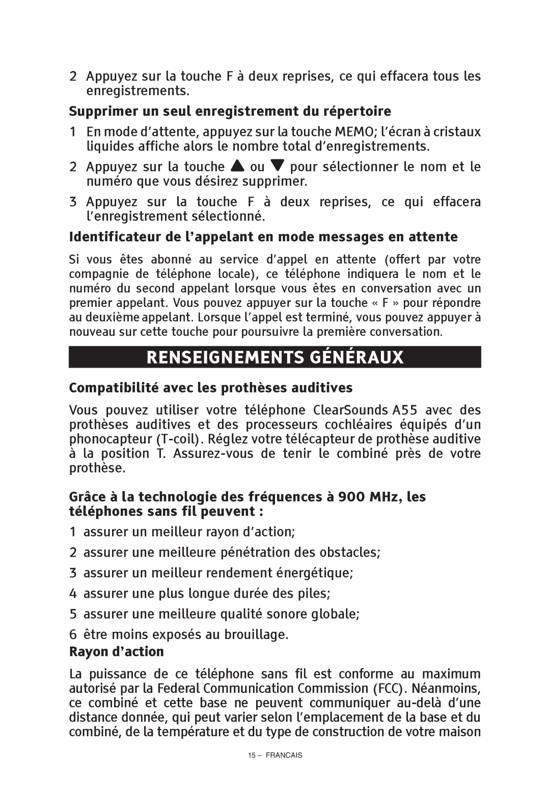 ClearSounds CS-A55 manual Renseignements généraux, Supprimer un seul enregistrement du répertoire, Rayon d’action 