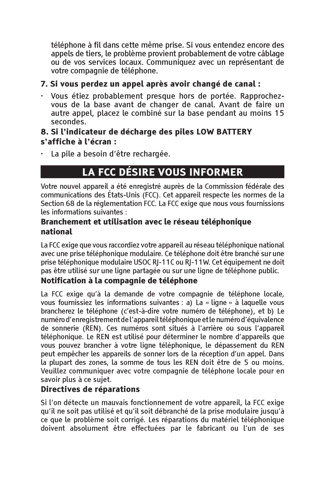 ClearSounds CS-A55 manual LA FCC Désire Vous Informer, Si vous perdez un appel après avoir changé de canal 