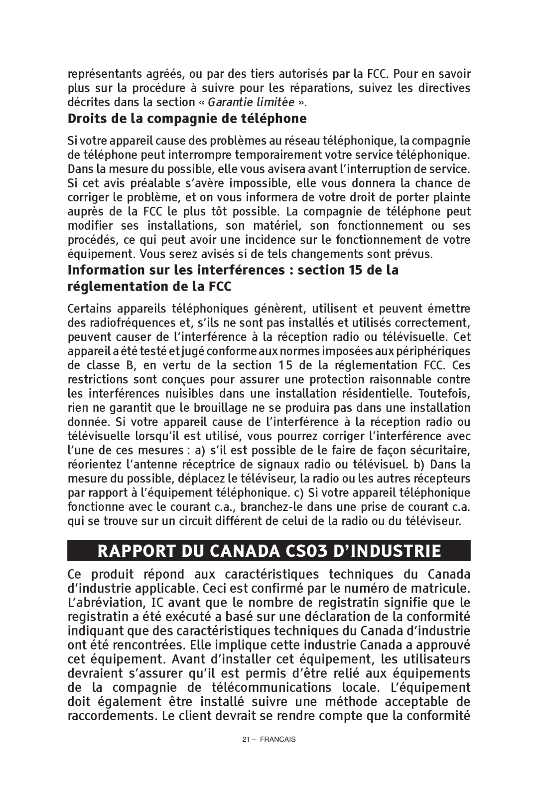 ClearSounds CS-A55 manual Rapport du Canada CS03 d’industrie, Droits de la compagnie de téléphone 