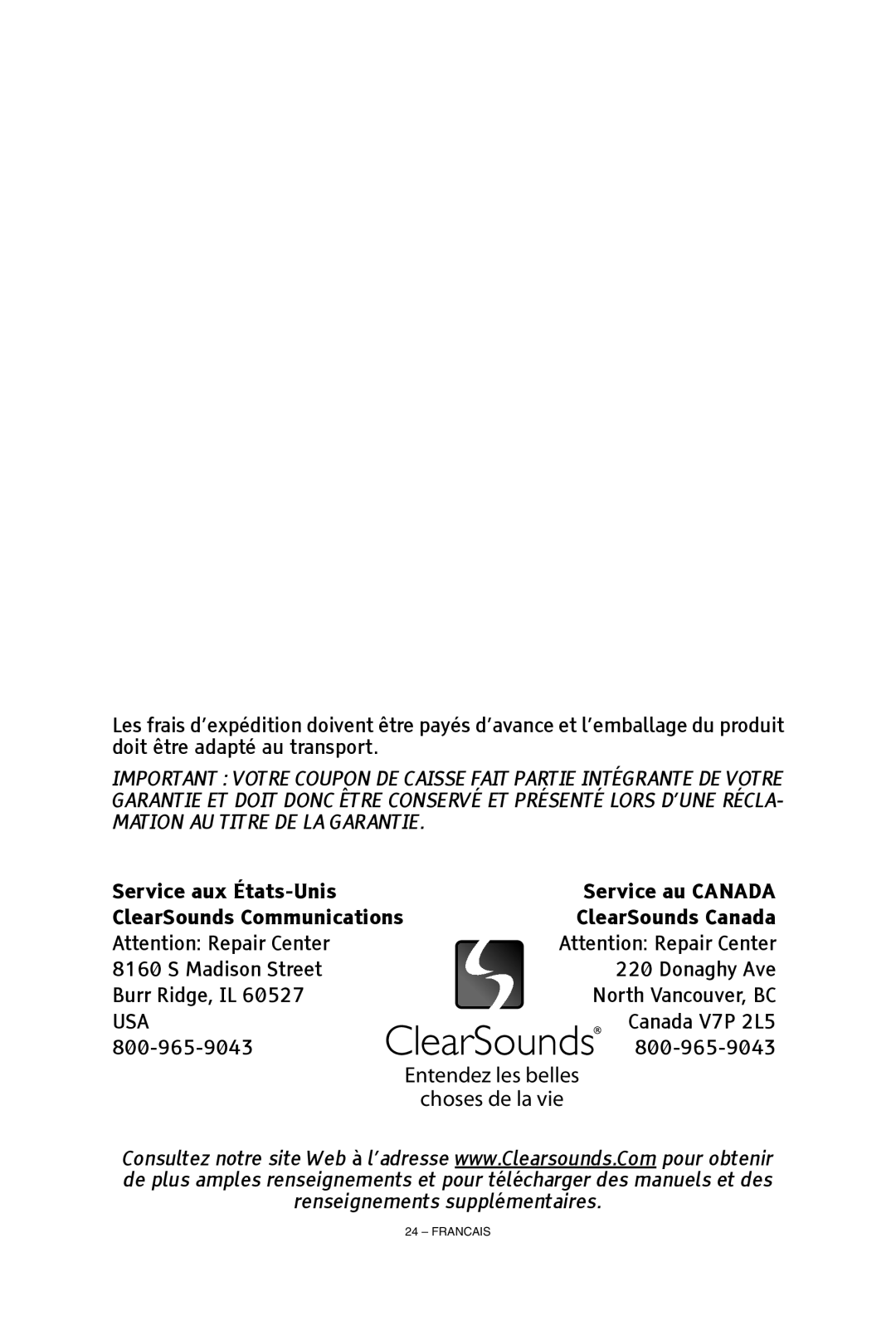 ClearSounds CS-A55 manual Entendez les belles Choses de la vie 