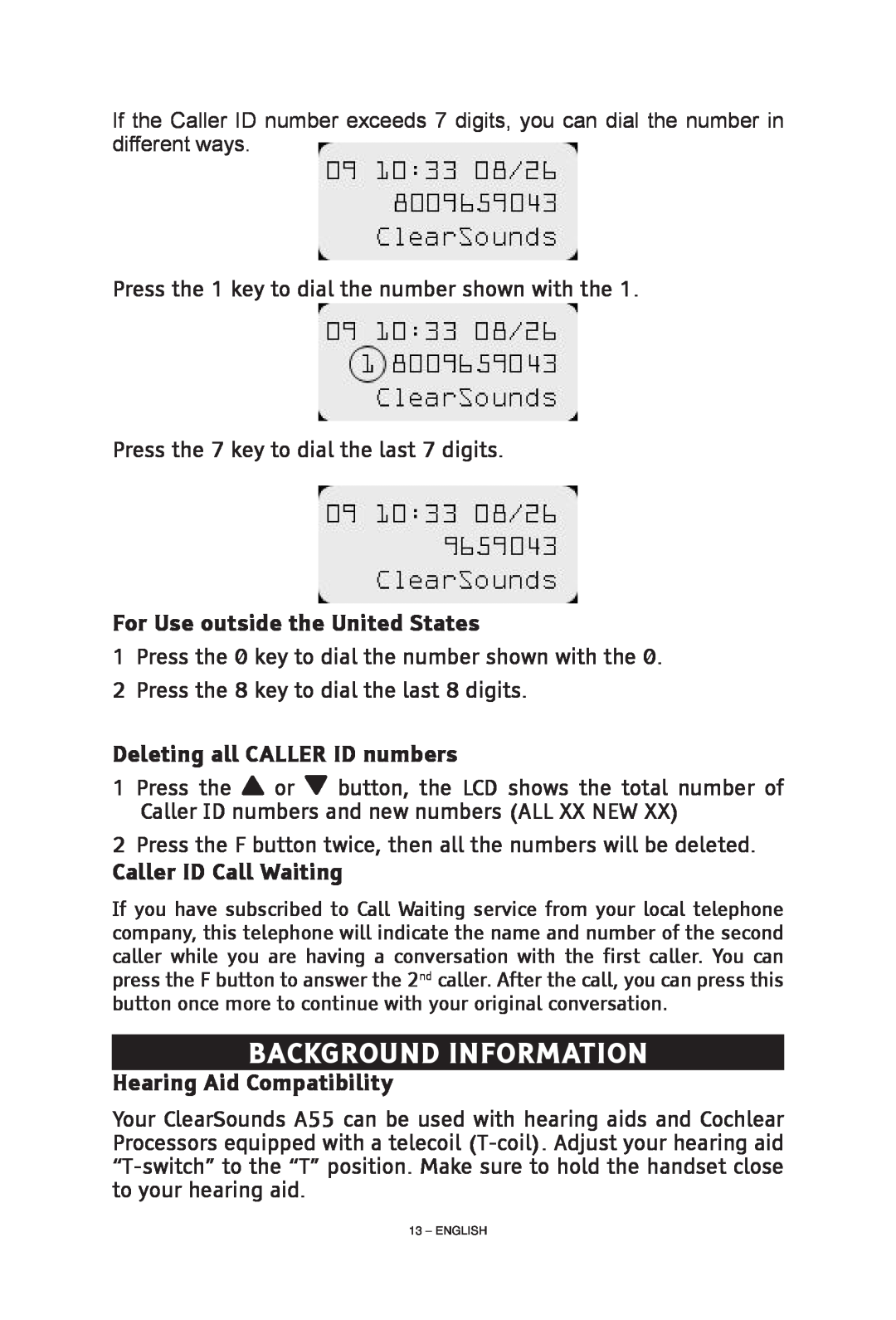 ClearSounds CS-A55 manual Background Information, For Use outside the United States, Deleting all CALLER ID numbers 