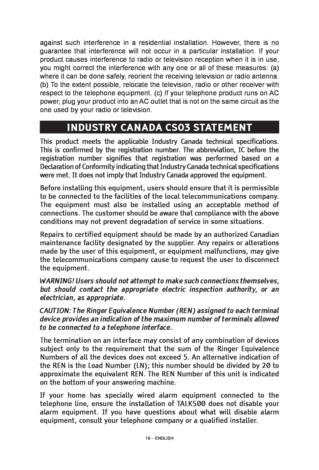 ClearSounds CS-A55 manual INDUSTRY CANADA CS03 STATEMENT, English 
