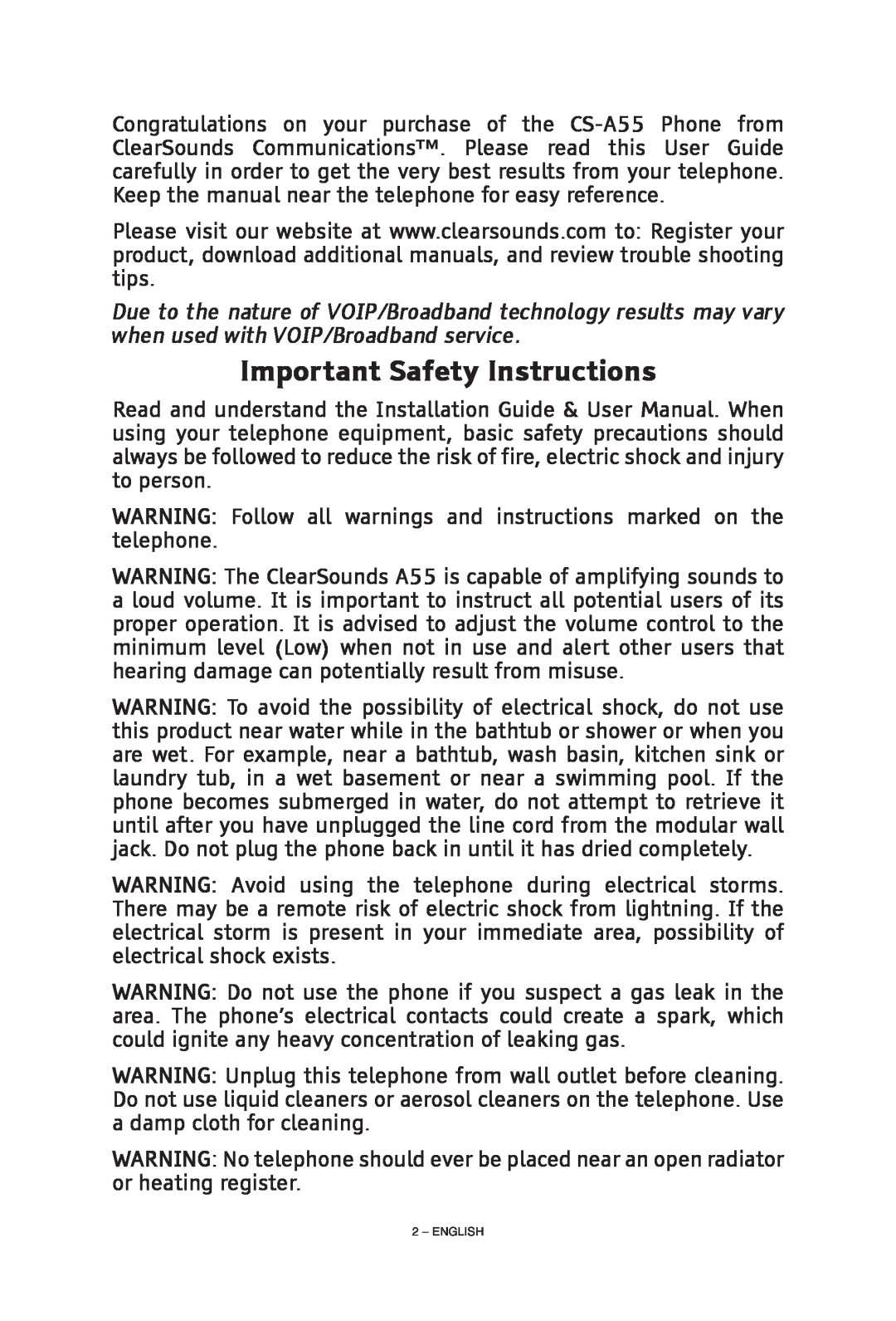 ClearSounds CS-A55 manual Important Safety Instructions 