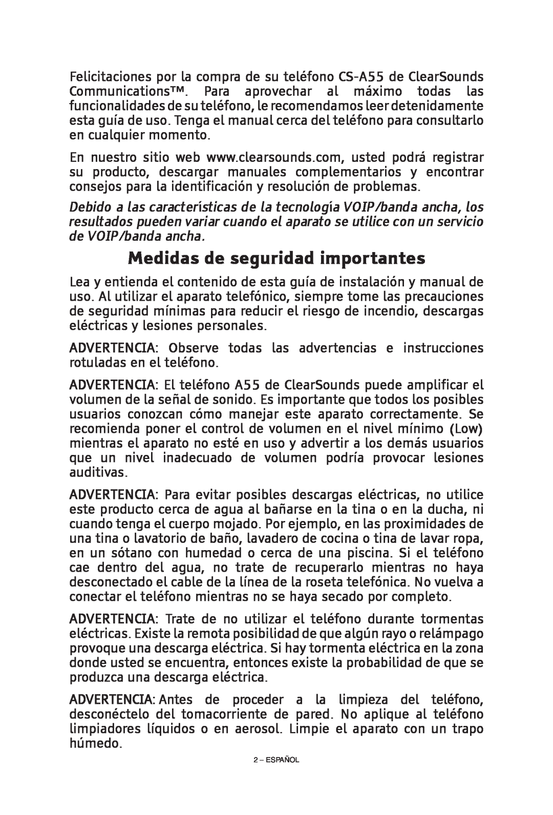 ClearSounds CS-A55 manual Medidas de seguridad importantes, Español 