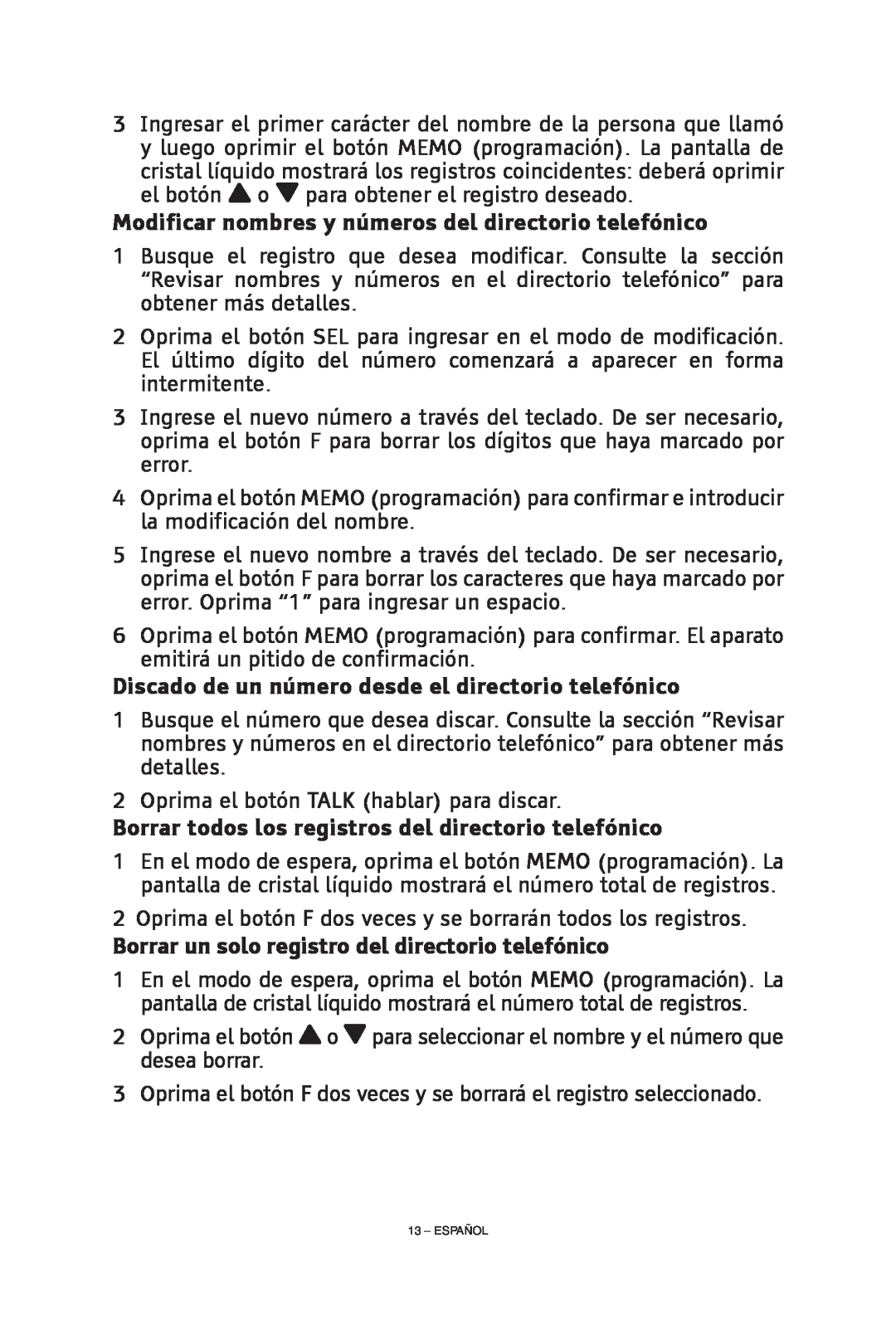 ClearSounds CS-A55 manual Modificar nombres y números del directorio telefónico, Español 