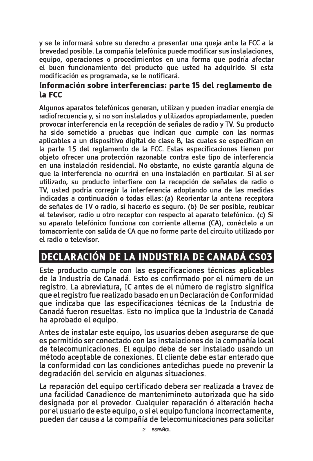 ClearSounds CS-A55 manual DECLARACIÓN de la INDUSTRIA de CANADÁ CS03 