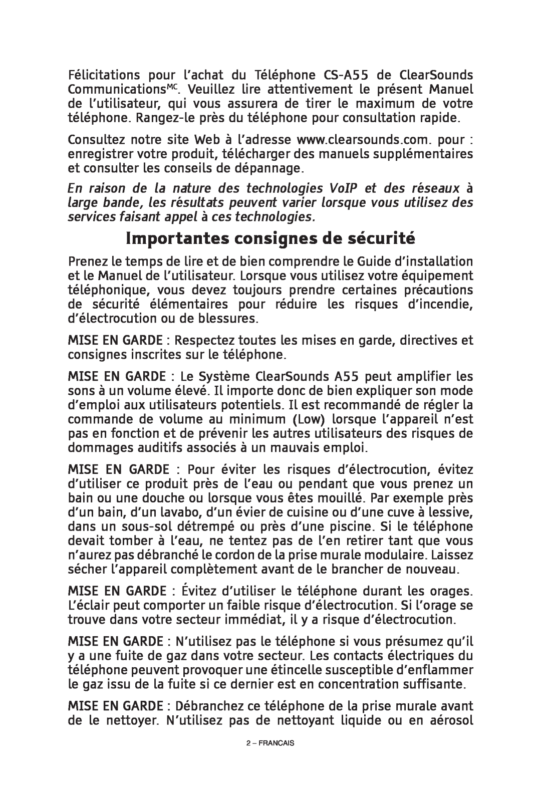 ClearSounds CS-A55 manual Importantes consignes de sécurité, Francais 