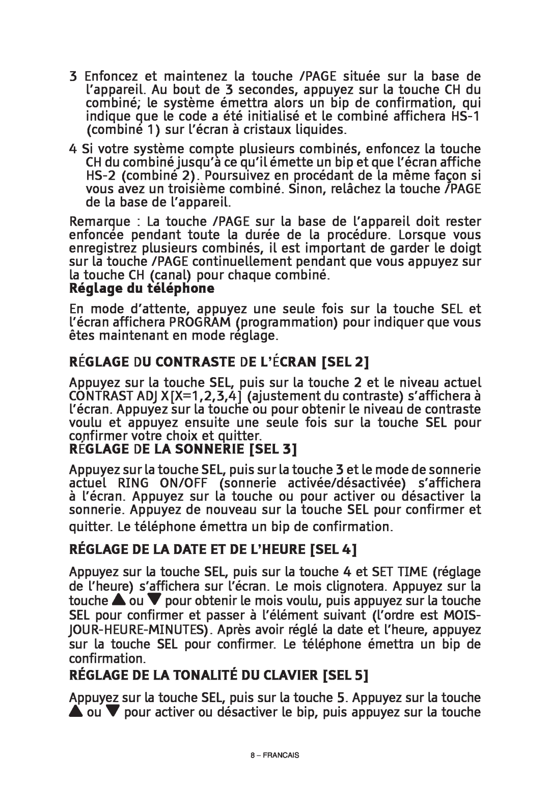 ClearSounds CS-A55 manual Réglage De La Date Et De L’Heure Sel, Réglage De La Tonalité Du Clavier Sel, Réglage du téléphone 