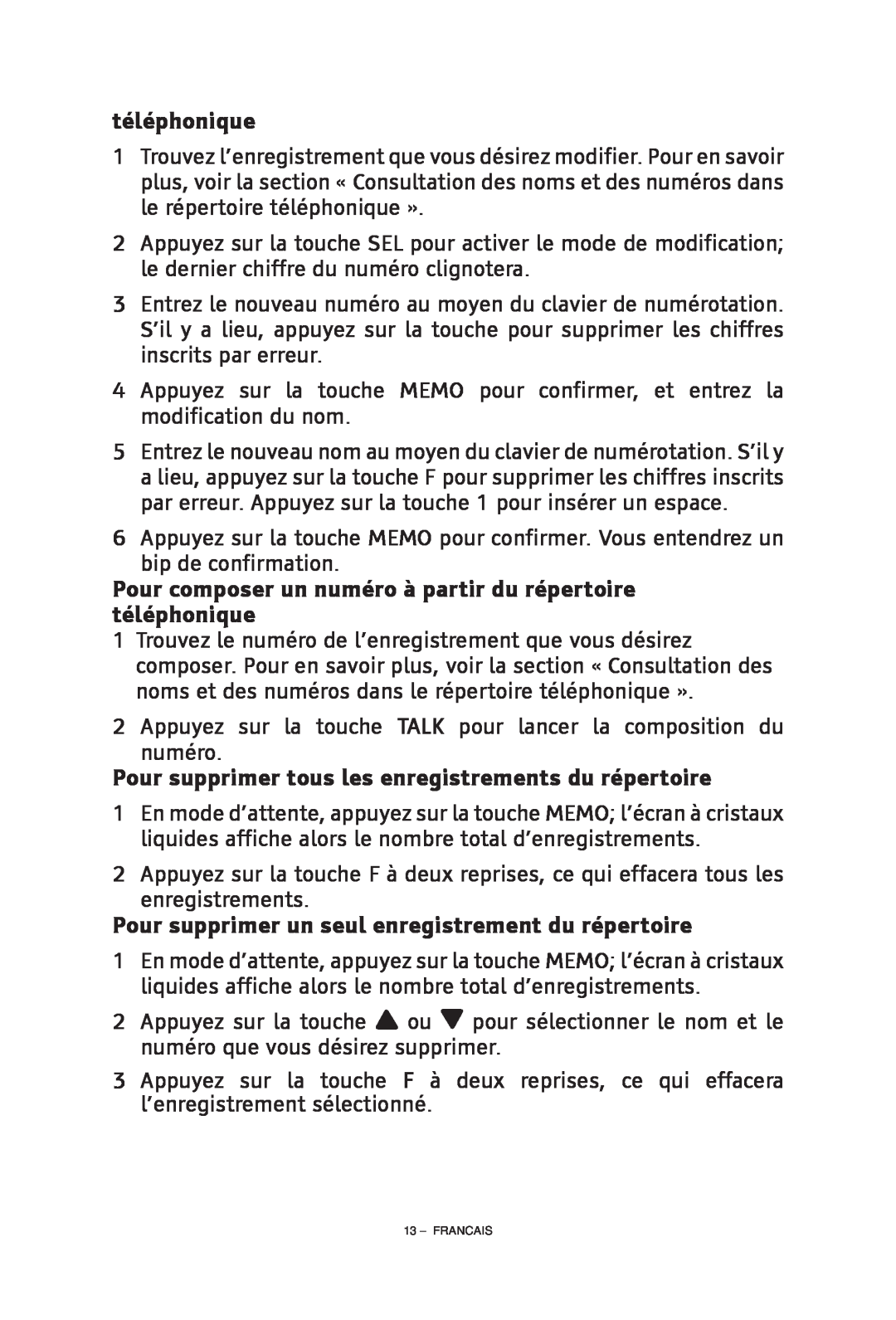 ClearSounds CS-A55 manual Pour composer un numéro à partir du répertoire téléphonique, Francais 